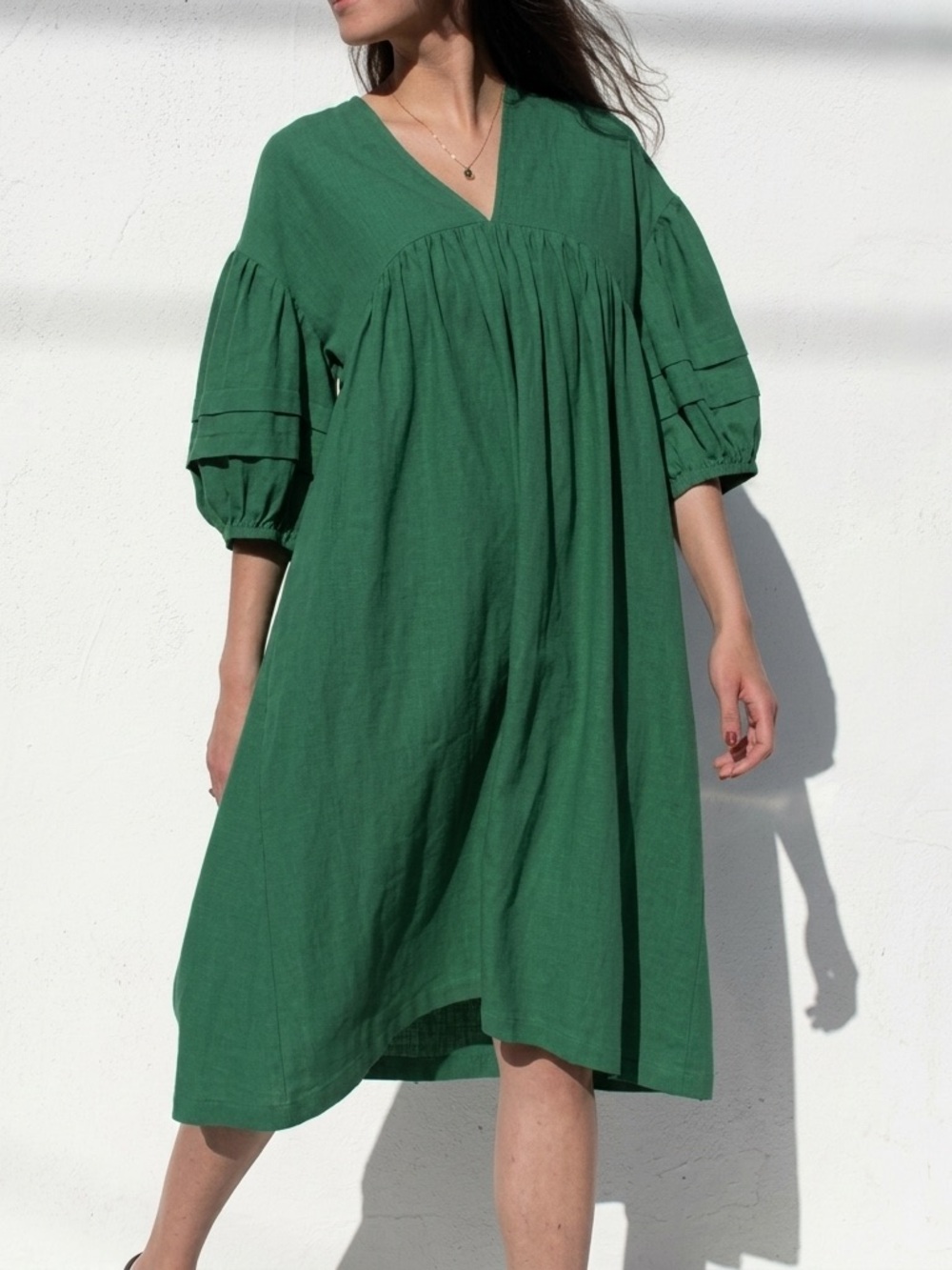 NWT Ursa Minor Sz L Jagger Green Linen Rayon Relaxed Puff Sleeves Midi Dress